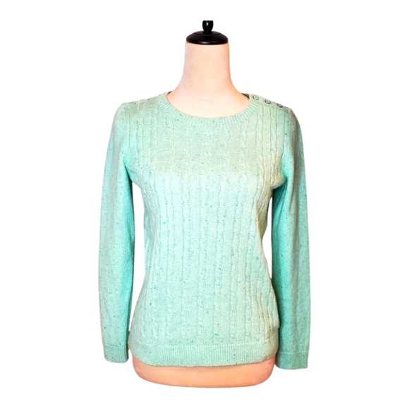 NEW TALBOTS PETITES WOMENS SZ SP GREEN CABLE KNIT COTTON CREWNECK SWEATER - Picture 1 of 10